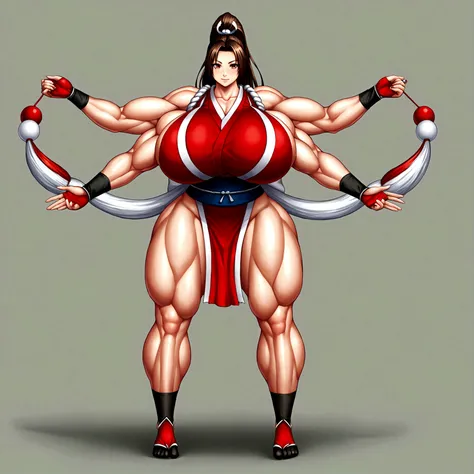 Mai Shiranui, detailed outfit, gigantic muscular body, gigantic breasts, 4 arms, full body.