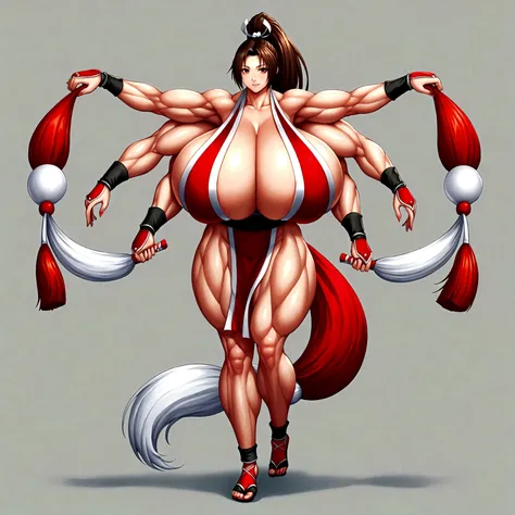 Mai Shiranui, detailed outfit, gigantic muscular body, gigantic breasts, 4 arms, full body.