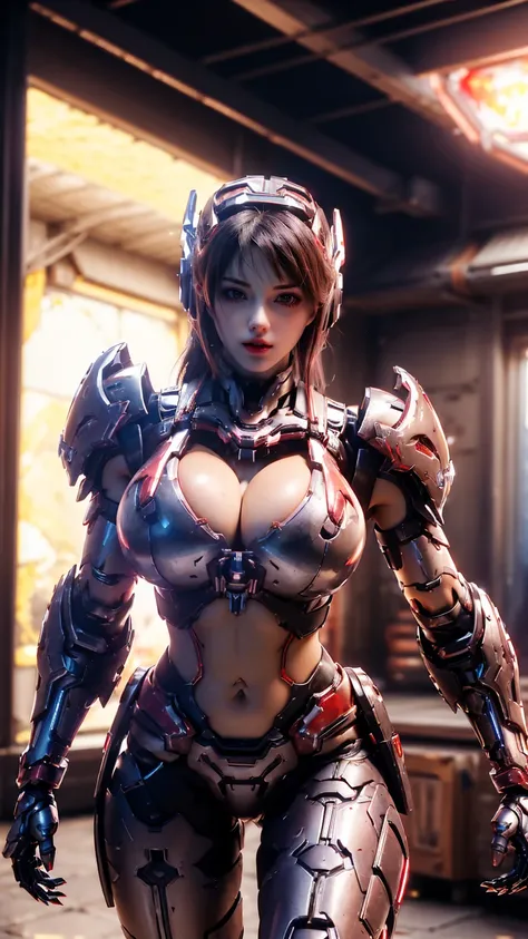 A GIRL CLOSEUP UPPER BODY DIRTY WHORE,SOLO, ((LOOKING AT VIEWER, COWBOY SHOT:1.5)), ((HUGE FAKE BREASTS:1.5)), ((CLEAVAGE, 11 LINE ABS:1.5)), ((WEARING OUTFIT METAL CRIMSON RED, BLACK SKIMPY BIKINI FROM OVERWATCH, IN FUTURISTIC ARMOR, GIRL IN MECHA CYBER A...