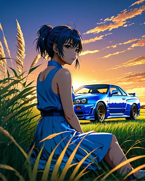 Blue classic Nissan GTR　R34　 Sports、Anime scenery of a girl sitting in tall grass with a sunset in the background.Beautiful anime scene, Beautiful anime peace scenes, Makoto Shinkai Cyril Rolland, Beautiful anime scene, Awesome Wallpapers, Anime Art Wallpa...