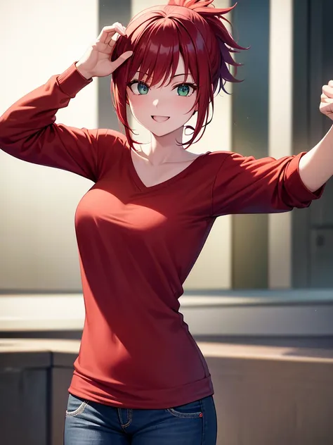 Red hair, green eyes, short ponytail, excited, excited smile, sporty, spiky hair, red jacket, jeans, park, white t-shirt, happy, ultra-detailed, absurdres, unreal engine, masterpiece, best quality, beautiful eyes, volumetric lighting, silky_hair), best qua...