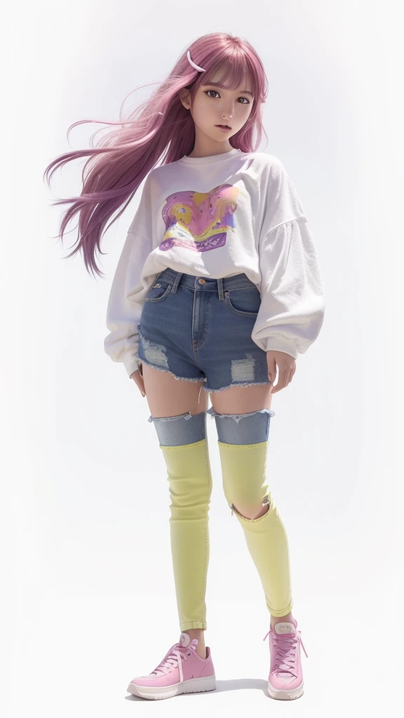 anipoma1,(masterpiece, best illustration, best manga), solo, 1girl, violet eyes, (shiny skin, soft hair), (holding a milkshake), freckles, (bright pink two tone hair:1.3), (wearing a led zepplin tshirt, denim jeans), (extreme light and shadow, volumetric l...