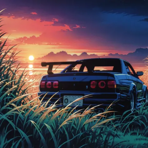 Classic Nissan　GTR　R34、Anime scenery of a girl sitting in tall grass with a sunset in the background.Beautiful anime scene, Beautiful anime peace scenes, Makoto Shinkai Cyril Rolland, Beautiful anime scene, Awesome Wallpapers, Anime Art Wallpapers 8K, Anim...