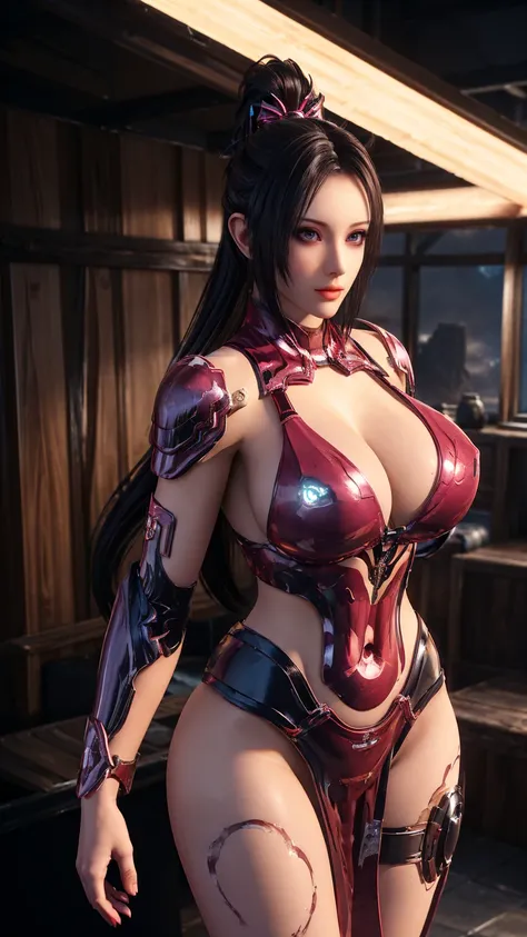 A GIRL CLOSEUP UPPER BODY DIRTY WHORE,SOLO, ((LOOKING AT VIEWER, COWBOY SHOT:1.5)), ((HUGE FAKE BREASTS:1.5)), ((CLEAVAGE, 11 LINE ABS:1.5)), ((WEARING OUTFIT METAL CRIMSON RED, BLACK SKIMPY BIKINI FROM OVERWATCH, IN FUTURISTIC ARMOR, GIRL IN MECHA CYBER A...