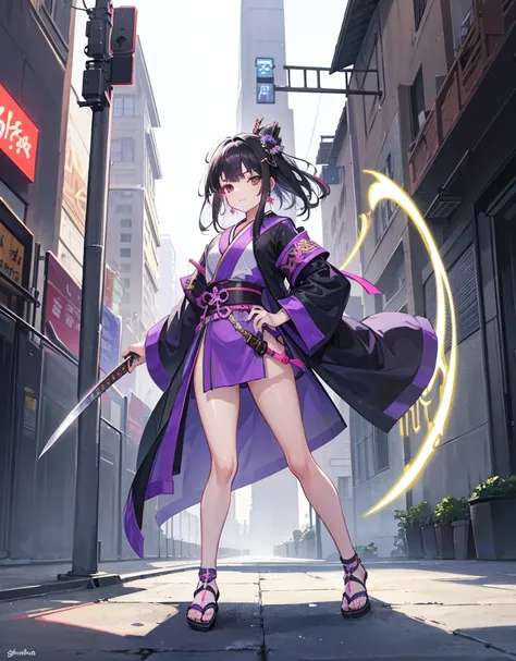 Young girl with black hair, brown eyes and olive skin, innocent and happy, wearing neon purple samurai robe, armlets and sandals, weilding katana, fullbody, medieval background, athletic