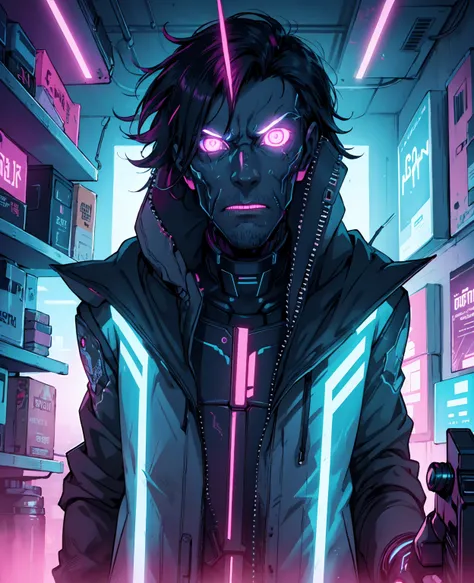 macro crisp quality, close up portraint, of cyberpunk brutal man, in cyberpunk neon room, rough skin, look at a camera, glowing eyes, age 40, cinematic, dimmed colors, dark shot, muted colors, film grainy, lut, spooky