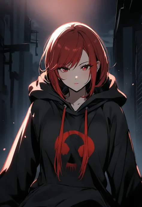 1 girl, rpg assassin style, with red hair, wearing a hoodie,.wearing assassin&#39;s clothes ,black in color,with red details.,