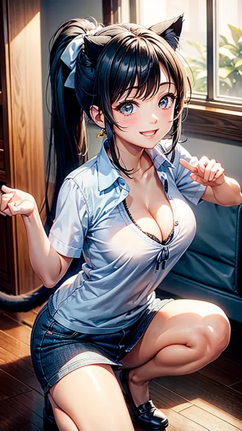 Female college student、One person、Moderate breast size、Adult Cute、Cleavage、Turn around pose、The best smile、high resolution、Ponytail hairstyle、Cat beckoning pose、