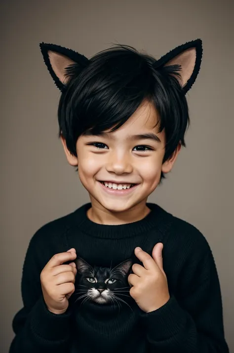 Semi-human boy with cat ears in black sweater smiling 