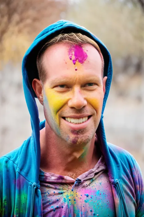 man (Todder9), wearing hoodie, looking at viewer, holi color festival, portrait, hyper detailed POV, by lee jeffries, nikon d850, film stock photograph ,4 kodak portra 400 ,camera f1.6 lens ,hyper realistic ,lifelike texture, dramatic lighting , cinestill ...