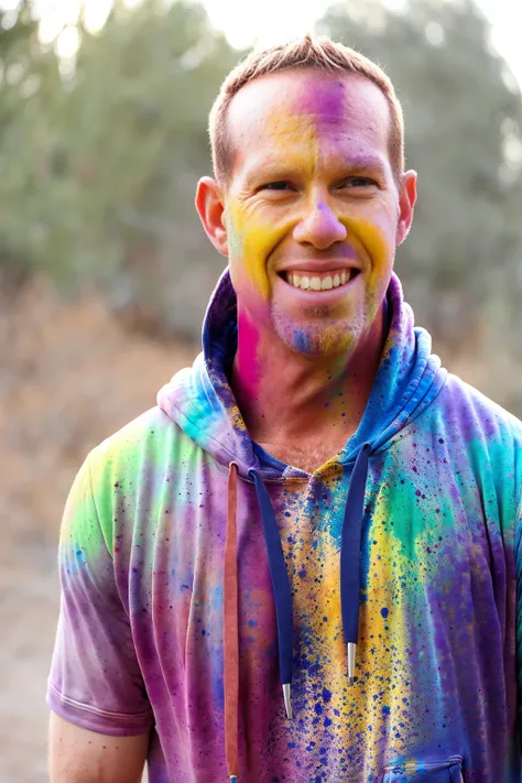 man (Todder9), wearing hoodie, looking at viewer, holi color festival, portrait, hyper detailed POV, by lee jeffries, nikon d850, film stock photograph ,4 kodak portra 400 ,camera f1.6 lens ,hyper realistic ,lifelike texture, dramatic lighting , cinestill ...