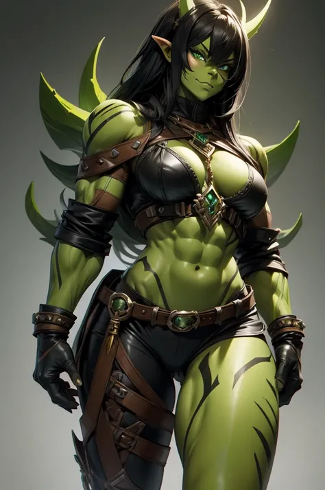 Female Orc Barbarian, toned muscles is defined, full Body Art, Topaz Eyes, Black Hair, Green Skin, Simple accessories, animal leather clothes.