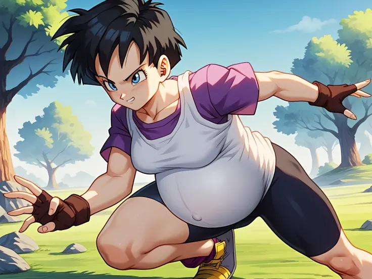 videl, 1girl,  blue eyes, shadows,  blue eyes, short hair, spiked hair, white shirt, purple shirt,  masterpiece, best quality,  ...