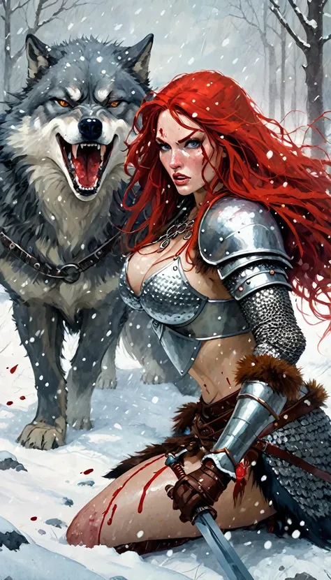 Red sonja warrior woman fighting a giant wolf in the snow, snowing, blood stains on the snow, woman with long wavy red hair in sexy chain mail armor, with sword, (art inspired by Bill Sienkiewicz). oil painting)
