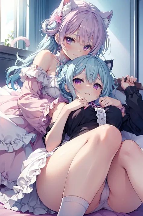 Browsing Caution,Two Girls,Lying down,((Raise both legs)),panties,Have sex,Light blue hair,Light pink hairstyles，Cat ear，Pink Eyes，light blue lolita，White socks，,Pink ribbon,Laughing with your mouth open,Best image quality,Highest quality