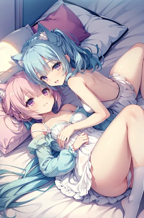 Browsing Caution,Two Girls,Lying down,((Raise both legs)),panties,Have sex,Light blue hair,Light pink hairstyles，Cat ear，Pink Eyes，light blue lolita，White socks，,Pink ribbon,Laughing with your mouth open,Best image quality,Highest quality