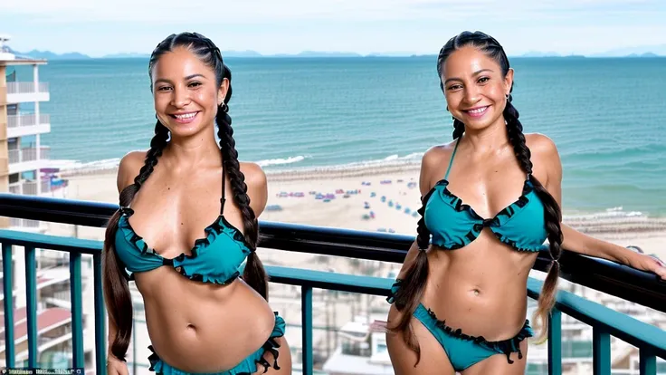 (high detail face), gorgeous latina mom sexpot (30 years old),dimples (long black braided hair in pigtails), is standing on balcony overlooking beach-boardwalk (holding onto rail of balcony), topless with teal with black trim frilly string panties (tiny-ti...