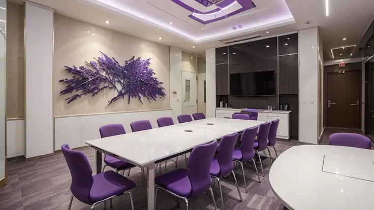 ((Best Quality)), ((Masterpiece)), (detailed), white and purple interview room with chairs and table
