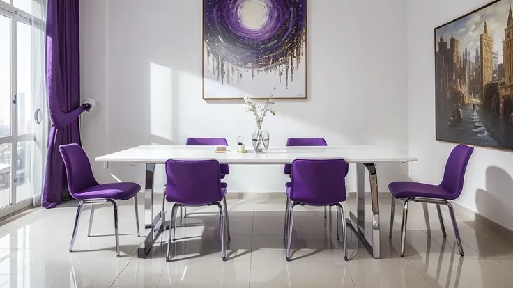 ((Best Quality)), ((Masterpiece)), (detailed), white and purple interview room with chairs and table
