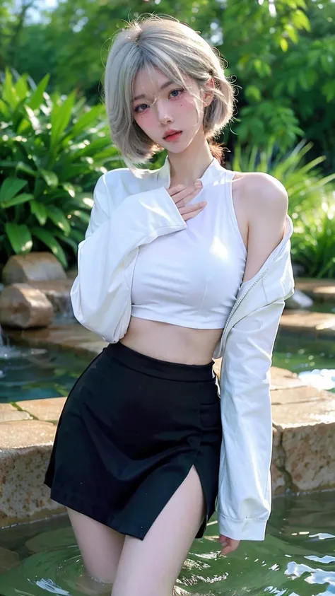 Beautiful woman with perfect figure:1.4，Ultra-high resolution，Wearing black，，White legs，Put your hands behind your back，Swimming background，Big breasts：1.6，（Realism:1.4)，perspective，Layered hairstyle，Snow white skin，JK:1.5，Super short pleated skirt，whole b...