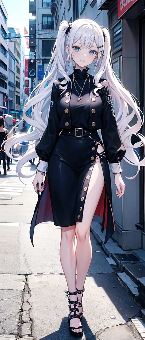 High resolution, high resolution,2D Anime Style,,Cool woman,Gal,tall,20th Generation,White hair long hair,Curly hair twin tails,Light blue eyes,Gal,Beautiful watch,Beautiful earrings,Lots of beautiful necklaces,Punk Fashion,He is smiling,Has fangs,whole bo...