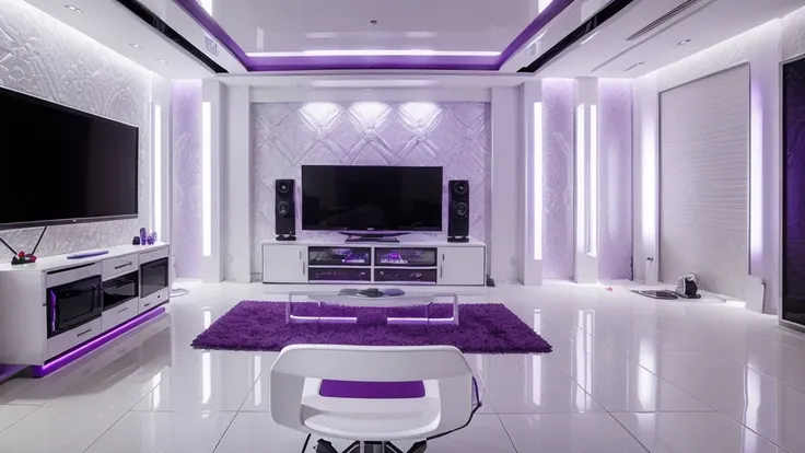 ((Best Quality)), ((Masterpiece)), (detailed), white and purple gamer themed interview room with chairs and table and microphones
