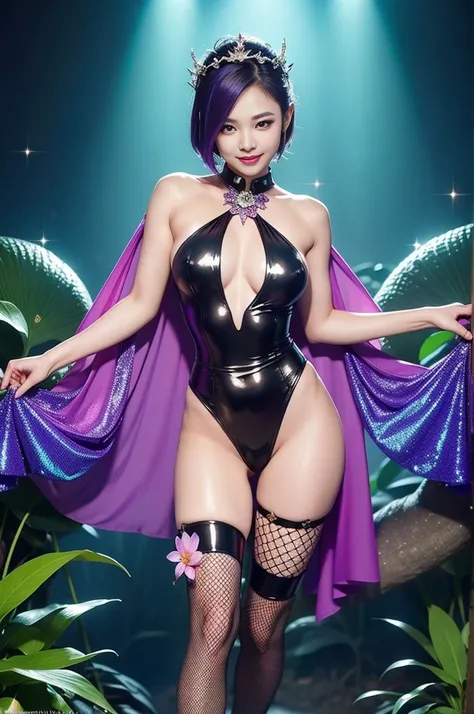 sexy Thai model who controls poison、beautiful smile、lipgloss、dramatic makeup、look at the camera、full body Esbian、、sparkling poisoned enchanted flower costume、、、、shiny sparkling colorful short hair、secrete poison、skull hair accessories、fishnet tights、shiny ...