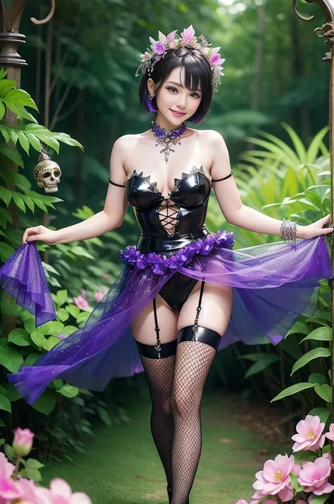 sexy Thai model who controls poison、beautiful smile、lipgloss、dramatic makeup、look at the camera、full body Esbian、、sparkling poisoned enchanted flower costume、、、、shiny sparkling colorful short hair、secrete poison、skull hair accessories、fishnet tights、shiny ...