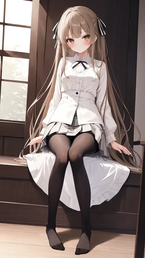 Highest quality, masterpiece, High resolution, (Head to Toe full body), front, frontやや下からの構図, Symmetric, Tall 18 year old girl, alone, (Head to Toe), (Small breasts), disheveled brown hair, bangs, (black tights), (Black Pantyhose), (Sit with your legs apar...