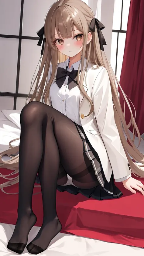 Highest quality, masterpiece, High resolution, (Head to Toe full body), front, frontやや下からの構図, Symmetric, Tall 18 year old girl, alone, (Head to Toe), (Small breasts), disheveled brown hair, bangs, (black tights), (Black Pantyhose), (Sit with your legs apar...