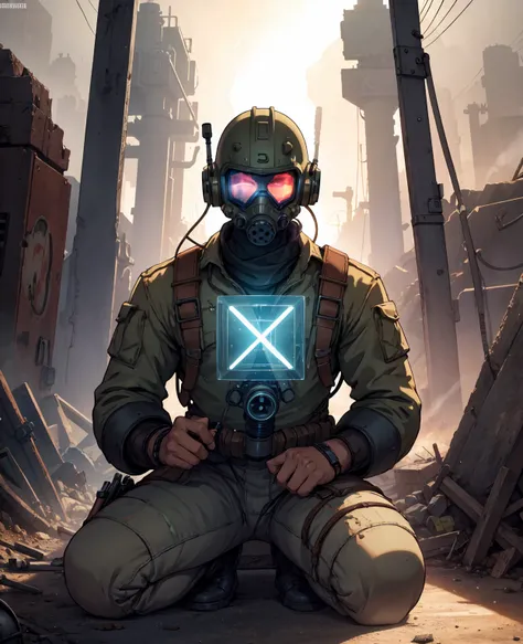 fallout new vegas, a man with sitting on the something, pipboy, tunnel, vault, (face mask:0.1), (breathing tube:0.5), headphone, german ww2 helmet with flashlight , burning fire, full body, polluted wasteland, foggy, volumatric lighting, neon light, Cinema...