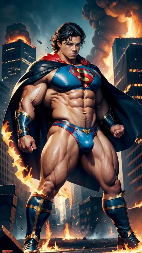 (muscular cute beautiful young boy), huge strong biceps volume, huge firm breasts volume, enormous tits volume, muscular strong legs, exposed abs skin, city destruction fire background, tight superhero leather blue underwear and cape, wavy hair, huge cock ...