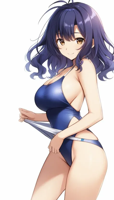 masterpiece, best quality, artist:yoo tenchi, 1girl, solo, toyokawa fuka, short hair, messy hair, wavy hair, dark blue hair, antenna hair, brown eyes, one-piece swimsuit, swimsuit pull, large breasts, highleg, smile, looking at viewer, no background, white...