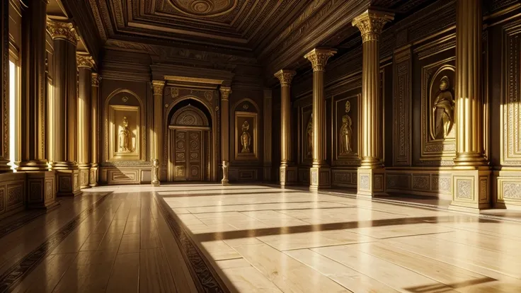 Create the image of an ancient room of some ancient Mesopotamian palace, filled with all kinds of wealth, gold, precious stones, silver, golden swords, shields, gold, a hall of glory and power
I want a high-definition, 8k image with no defects or blurs. 