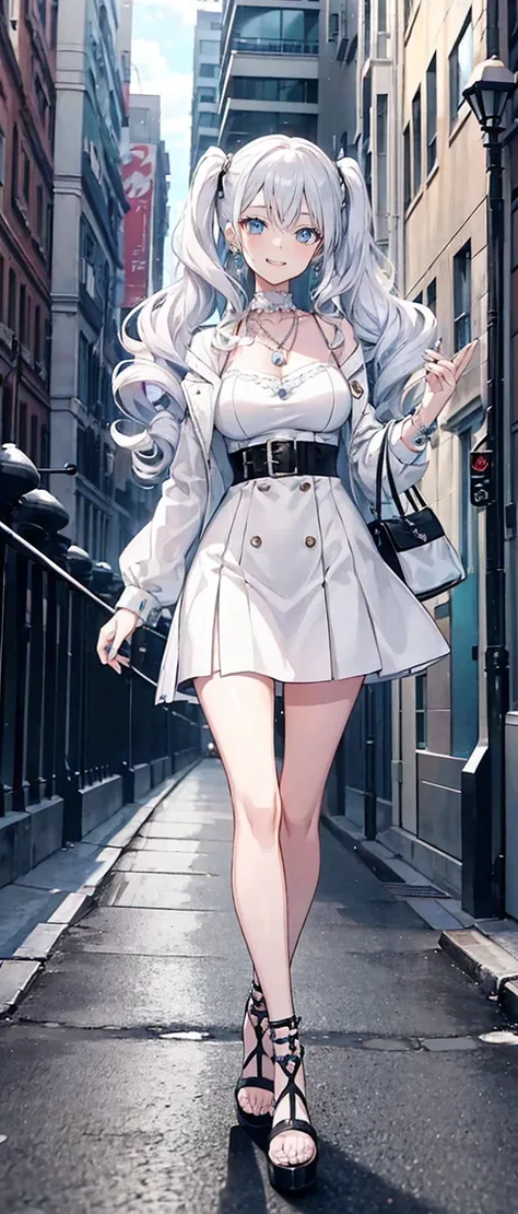 High resolution, high resolution,2D Anime Style,,Cool woman,Gal,tall,20th Generation,White hair long hair,Curly hair twin tails,Light blue eyes,Gal,Beautiful watch,Beautiful earrings,Lots of beautiful necklaces,Punk Fashion,He is smiling,Has fangs,whole bo...