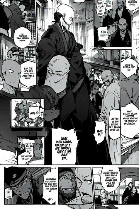 a manga. anime, a bar full of people all excited because they are the stage there is a fierce freestyle battle between two enemies, one young man with a ninja-style haircut with a beard, the other bald and handsome.several shots. 1 / cap-1 / he has_1