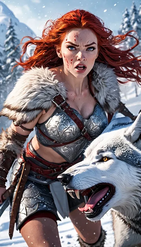 A fierce red-haired warrior woman, Red Sonja, fighting a massive 1giant wolf in a snowy landscape, blood stains on the pristine white snow, (best quality,4k,8k,highres,masterpiece:1.2),ultra-detailed,(realistic,photorealistic,photo-realistic:1.37),HDR,UHD,...