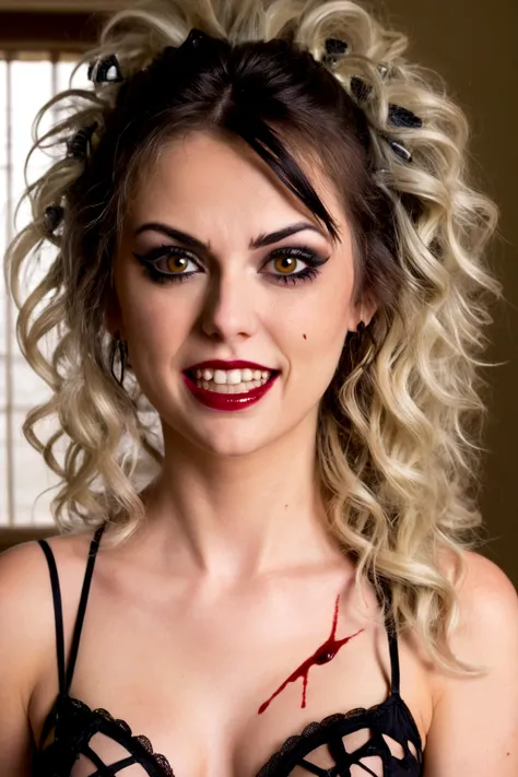  (age 25) is playing a psycho mistress (crazy makeup, crazy hair, strappy tattered lingerie, jagged tools), psyco ex girlfriend smile, crazy eyes, blood spattered bedroom
