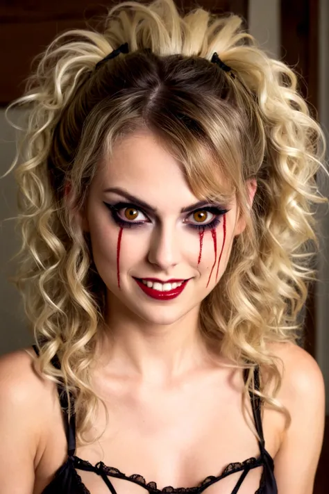  (age 25) is playing a psycho mistress (crazy makeup, crazy hair, strappy tattered lingerie, jagged tools), psyco ex girlfriend smile, crazy eyes, blood spattered bedroom
