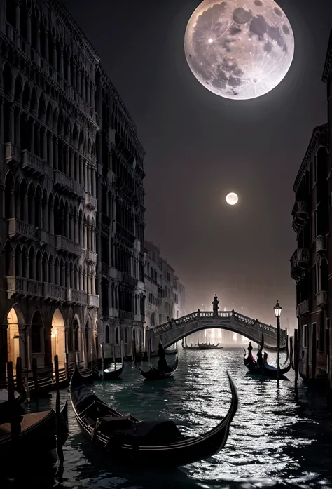 Best Quality, Masterpiece, ultra high resolution, (Realistic photography:1.4), surrealism, Fantastic,FusionArt,landscape of the grand canal of the city venice at night, foggy, full moon, Gothic style,dark and gloomy