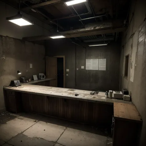 high precision of details, perfect, realistic; imagine a reception with a service desk in a
 prison, looking abandoned, except for a lamp illuminating the almost completely dark, dirty, scary, gloomy place.