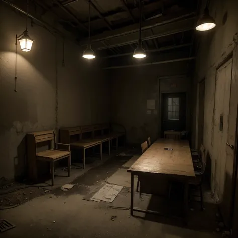 high precision of details, perfect, realistic; imagine a reception with a service desk in a
 prison, looking abandoned, except for a lamp illuminating the almost completely dark, dirty, scary, gloomy place.