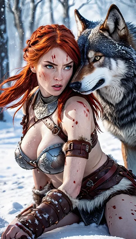 A fierce red-haired warrior woman, Red Sonja, fighting a massive 1giant wolf in a snowy landscape, blood stains on the pristine white snow, (best quality,4k,8k,highres,masterpiece:1.2),ultra-detailed,(realistic,photorealistic,photo-realistic:1.37),HDR,UHD,...