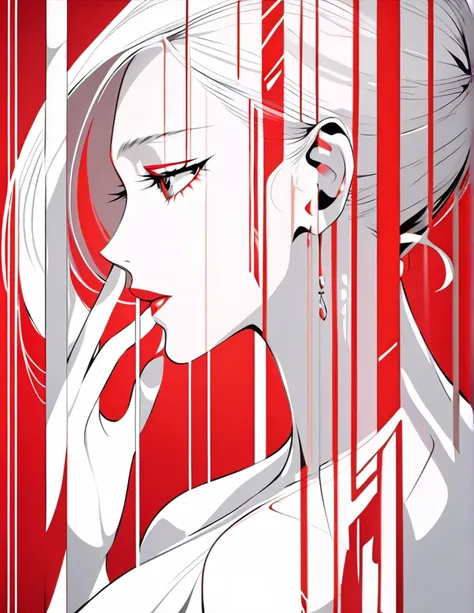 Illustrate an elegant stunning beautiful womans face in profile using sleek white lines on a Red canvas 