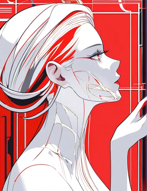 Illustrate an elegant stunning beautiful womans face in profile using sleek white lines on a Red canvas 