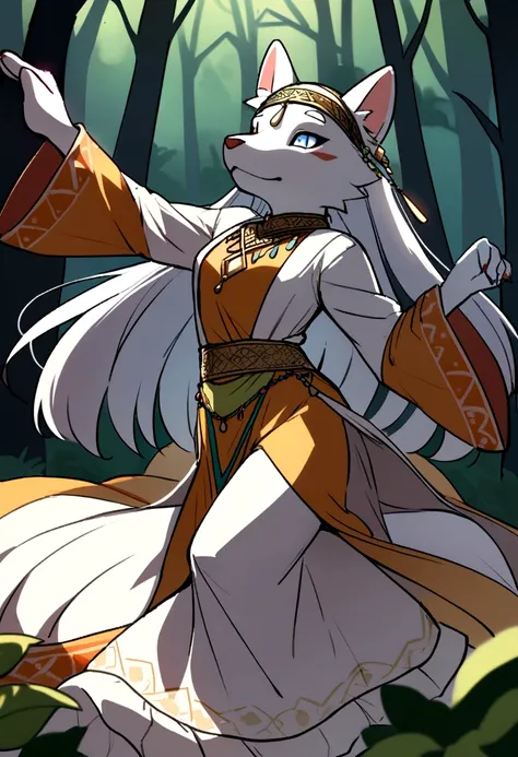 A furry with long hair dancing wearing an Arabic dress in the forest