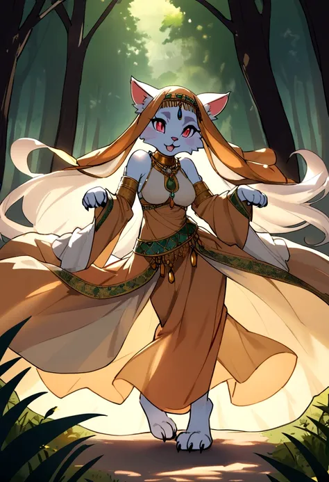 A furry with long hair dancing wearing an Arabic dress in the forest