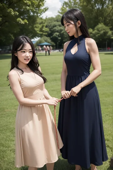 Two women doing tug of war in a dress  