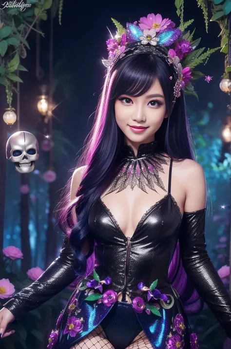 sexy Indonesian Model who controls poison、beautiful smile、lipgloss、long lashes、smokey eyeshadow、look at the camera、full body Esbian、、sparkling poisoned flower costume、、、、shiny sparkling multicolor hair、secrete poison、skull hair accessories、fishnet tights、s...