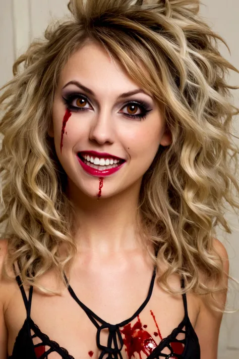  (age 25)  psycho psyco ex girlfriend  (crazy makeup, crazy hair, sexy strappy tattered lingerie, jagged tools), smile teethshowing,large open crazy eyes, blood spattered bedroom, blood splattered over body, 